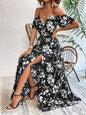 Robe longue fendue à épaules dénudées, imprimé floral, bretelles, avec ceinture - Tatieonline