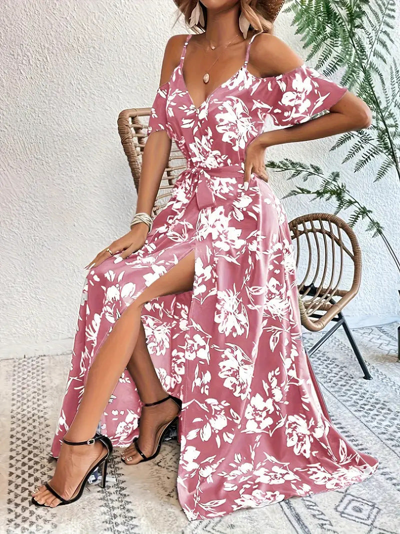 Robe longue fendue à épaules dénudées, imprimé floral, bretelles, avec ceinture - Tatieonline