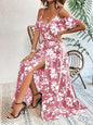 Robe longue fendue à épaules dénudées, imprimé floral, bretelles, avec ceinture - Tatieonline